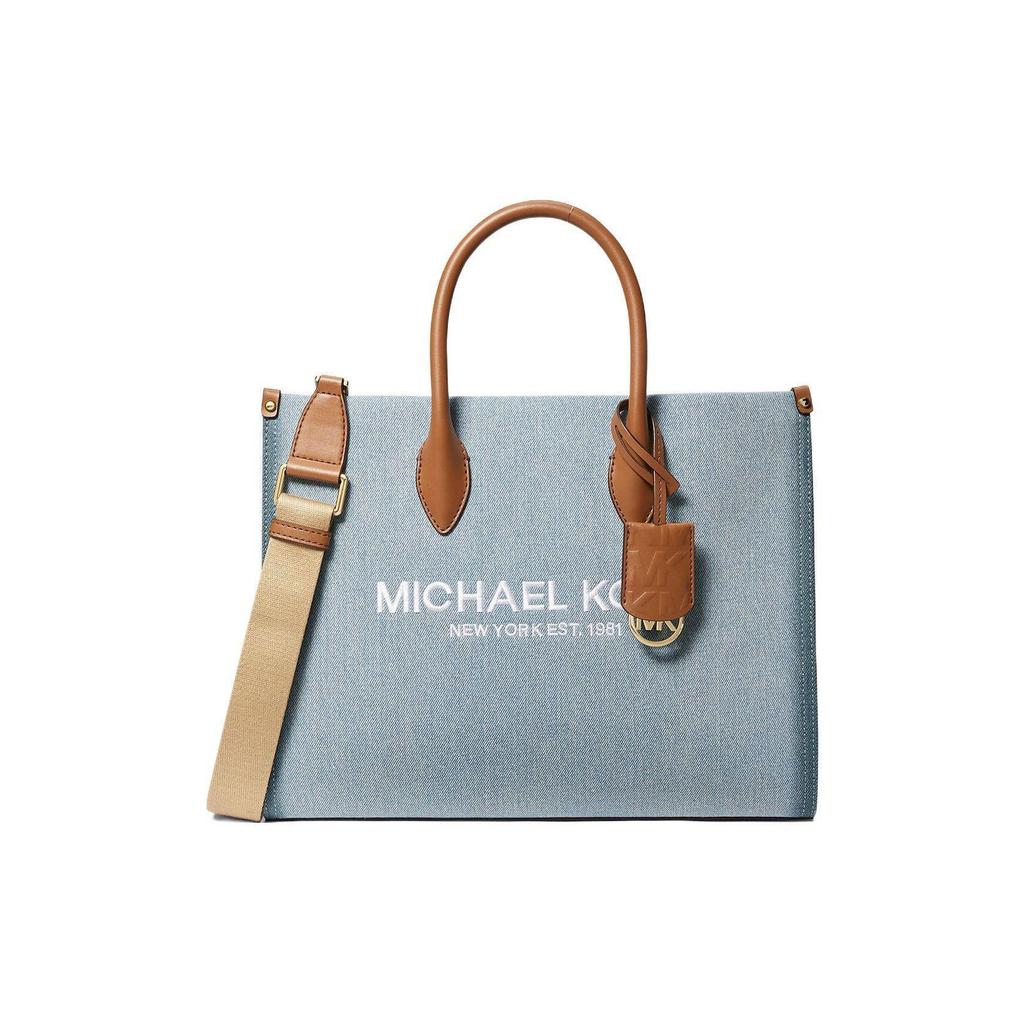 Michael Kors MK Mirella Logo Hardware Zipper Pocket Cotton Denim Tote Bag Women Tote Light-Blue 35F3G7ZT2C-DENIM