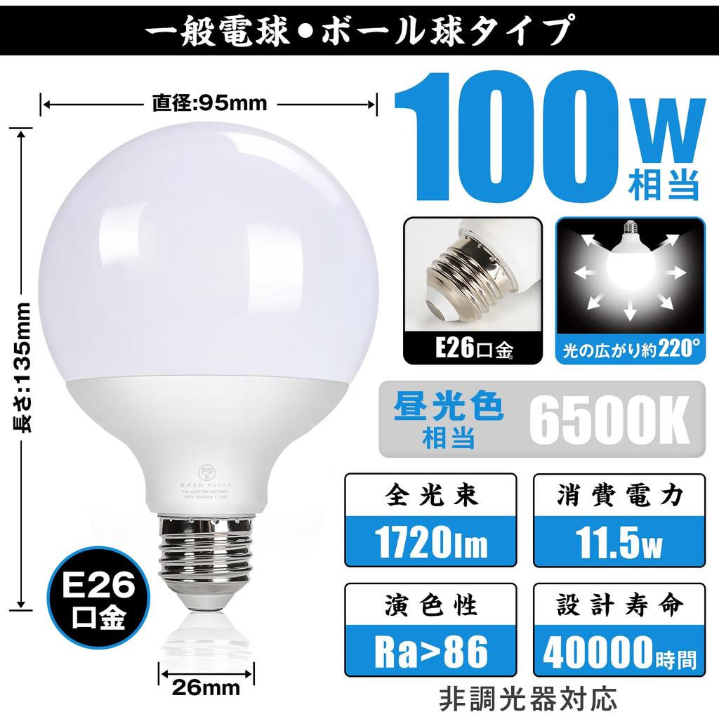 [5-Year Warranty] LED Light Bulb, E26 Base, G95 Ball Shape, 100W Equivalent (11.5W), Daylight White, Energy Saving, High Brightness 1720lm, General