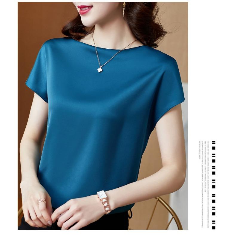 Round Neck Short Sleeve Women's Solid Color Mulberry Silk Top Large Size Loose Satin Bottoming Shirt