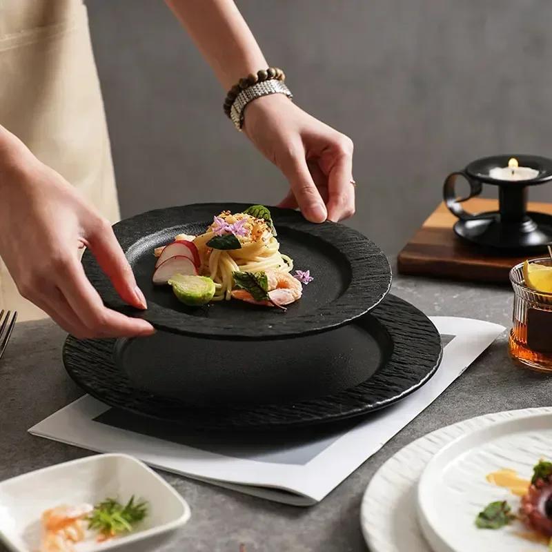 New Ceramic Steak Plate Household 8-inch Circular Western Dish Can Be Heated Restaurant Black High-end Breakfast Pasta Tableware