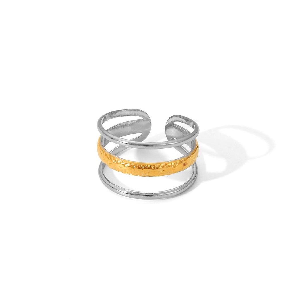 European-American Style Titanium Steel Open Ring - 18K Gold, Non-Fading, Three-Layer Line Design for Women