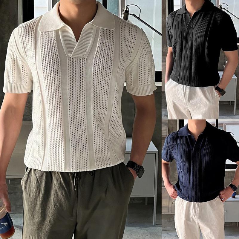 Men S Knitted Polo Shirt Short Sleeve Hollow Out Ice Silk Summer Old Money Style