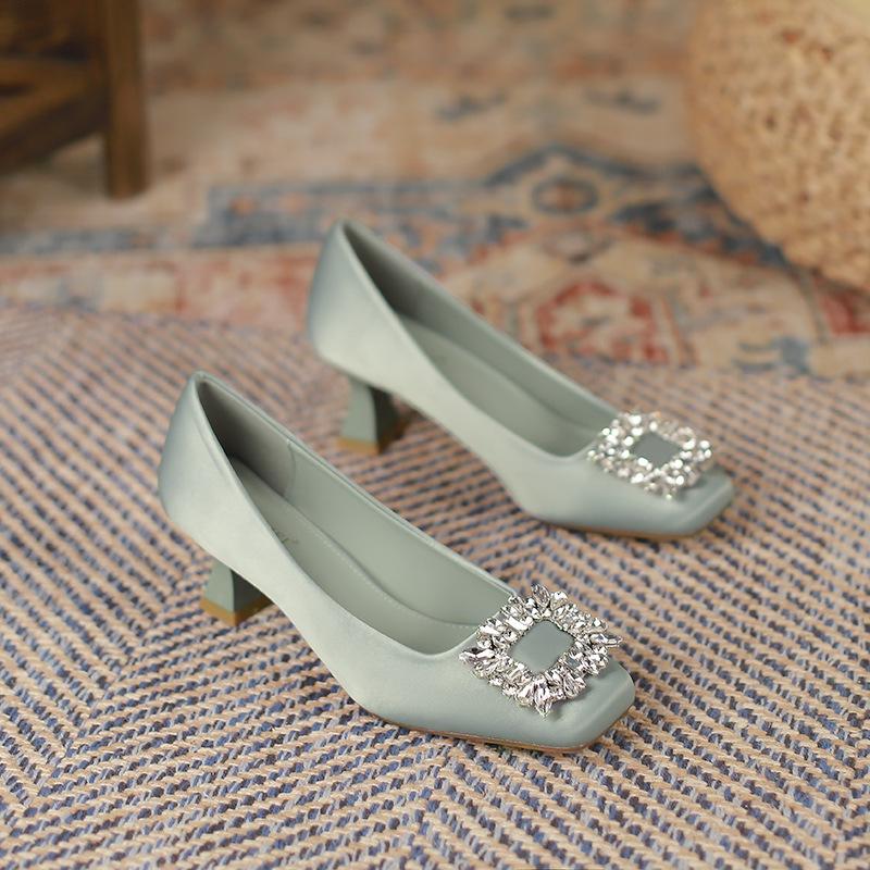 6388-2 Square Head High Heels Women's Autumn New Women's Shoes Thin Heel Shallow Mouth Rhinestone Square Buckle Temperament Single Shoes