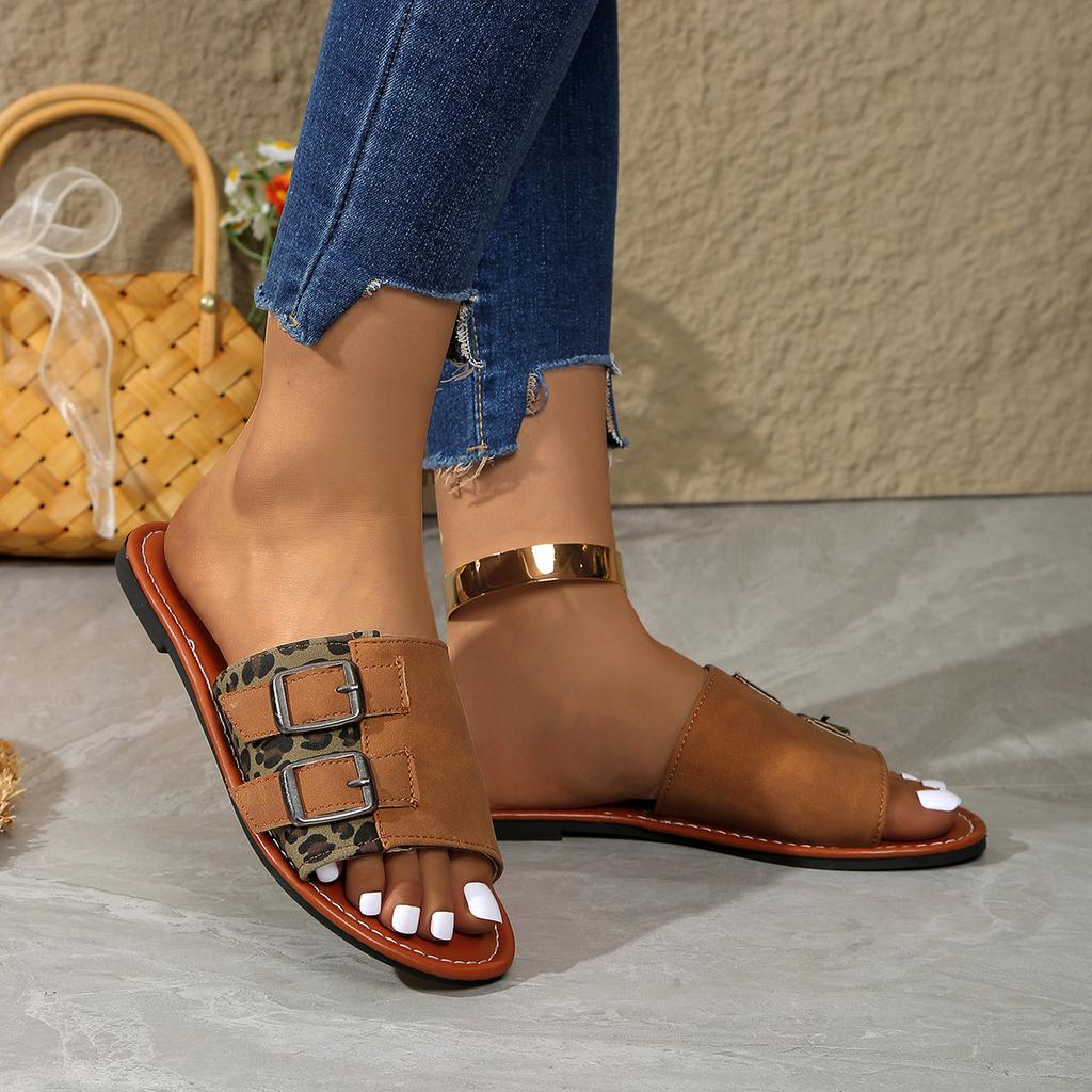 Large size buckle flat bottom one-word shoes women's open-toed retro wind beach cool slippers