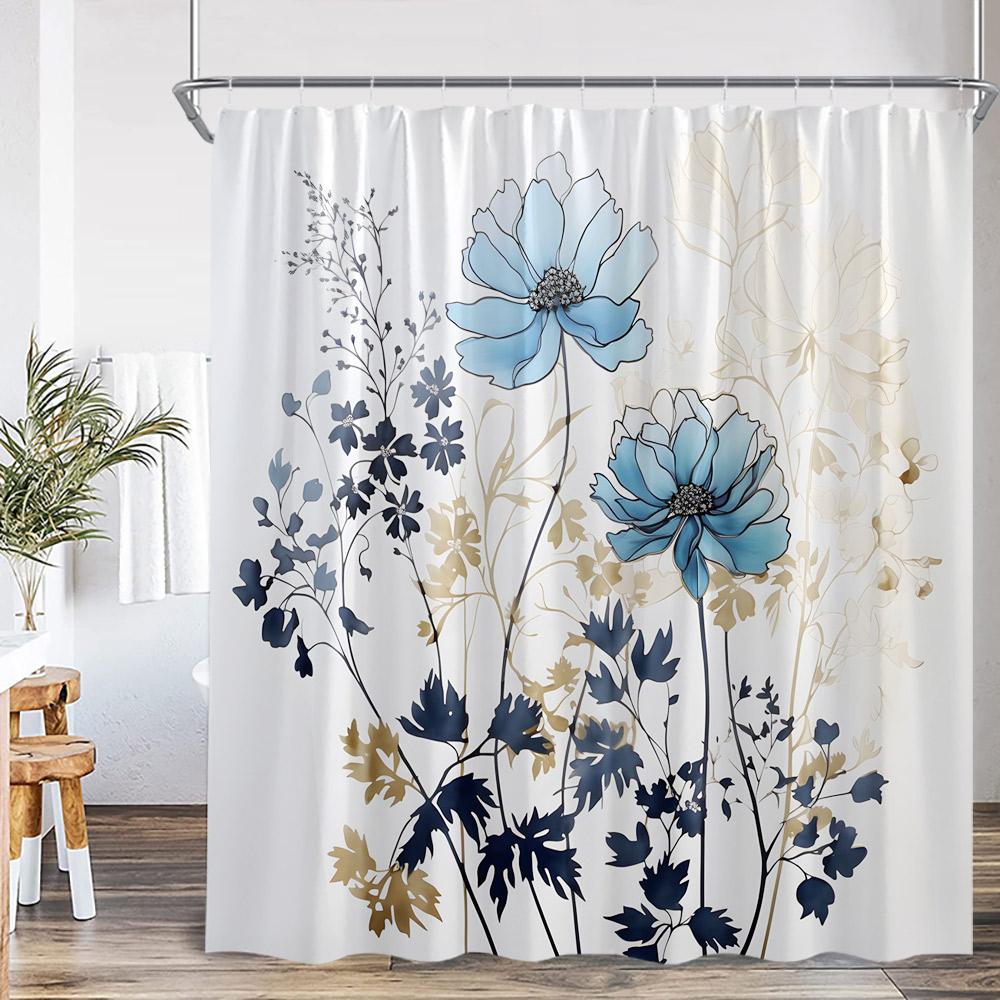 Watercolor Floral Shower Curtain Daisy Herb Plant Flower Botanical Bathroom Decor Modern Dark Polyester Bath Curtain With Hooks