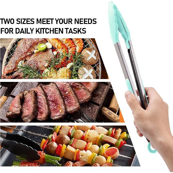 Silicone Non-SlipTongs for Cooking, 430 Steel Table Tongs for Kitchen Salad, Pasta, Grilling, BBQ, Heat Resistant Tip, Strong Grip for Meat Sky Blue