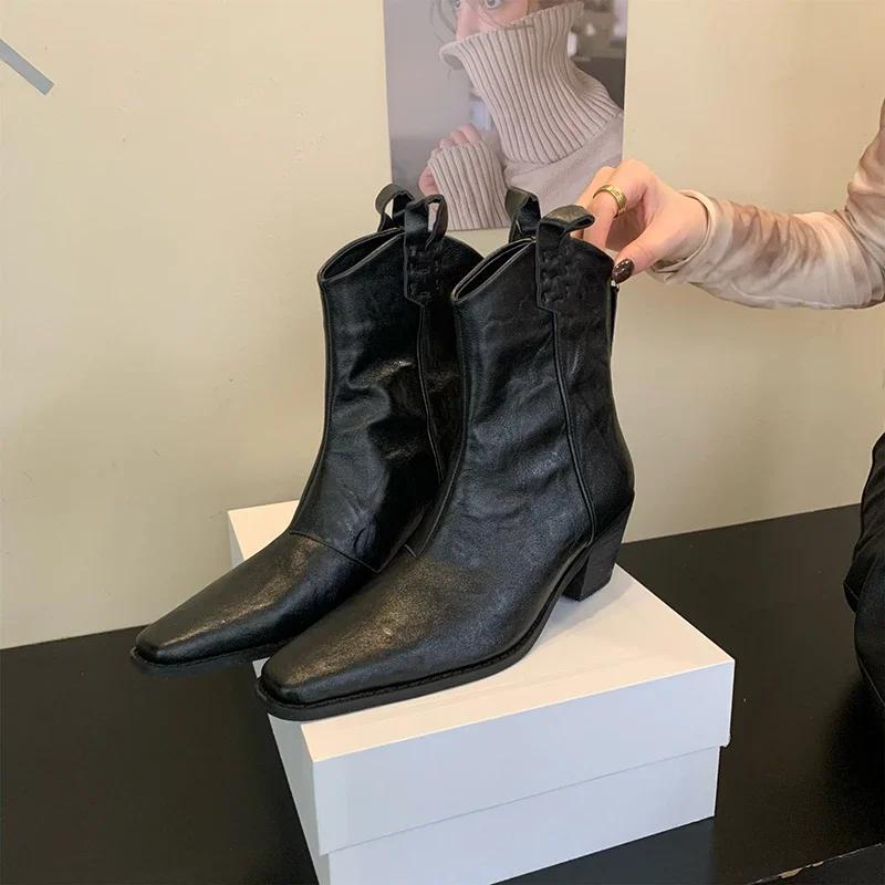 

Женские ковбойские ботинки с острым носком, модные слипоны, осенне-зимние, на толстом каблуке, женские рыцарские короткие ботильоны 39