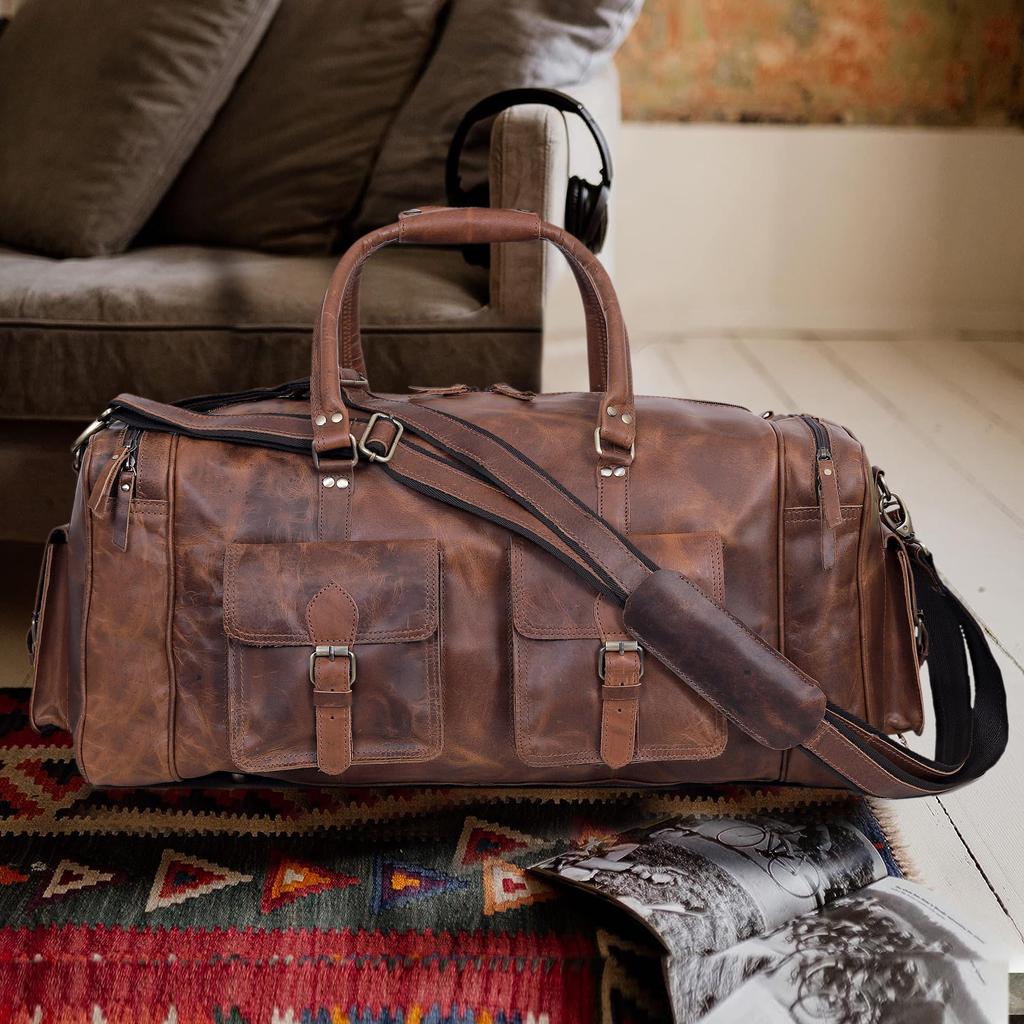 Handmade Top Grain Leather Duffle Bag: 24-inch Weekender Travel Bag