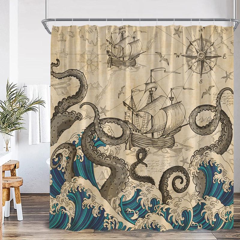 Ocean Red Octopus Shower Curtain Sea Wave Sailboat Lighthouse Nautical Bath Curtains Polyester Fabric Bathroom Decor with Hooks