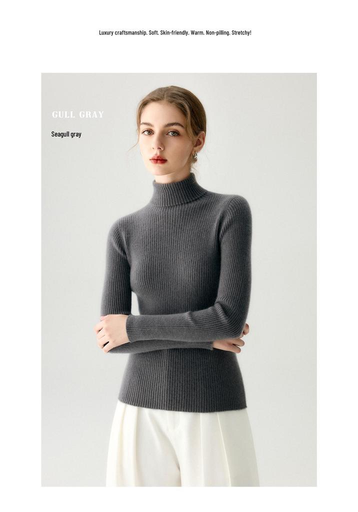 Women's Slim-Fit High-Neck Cashmere Sweater: Seamless, Solid Color, Figure-Flattering Knit.