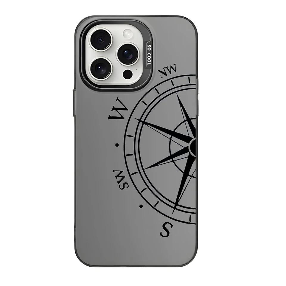 Fashion Vintage Compass Phone Case for iPhone 16 12 13 Mini 11 14 15 Pro Max XR 8 Plus Sturdy Hard IMD Plastic Shockproof Cover_
