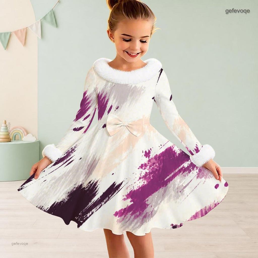 Girls Long Sleeve Green Gold Printed Faux Fur Collar Bow Waist A Line Flared Dress