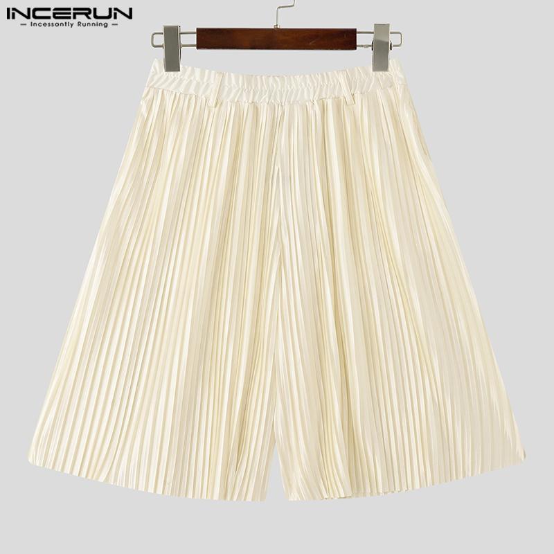 INCERUN Men Elastic Waist Pleated Casual Loose Half Pants Shorts
