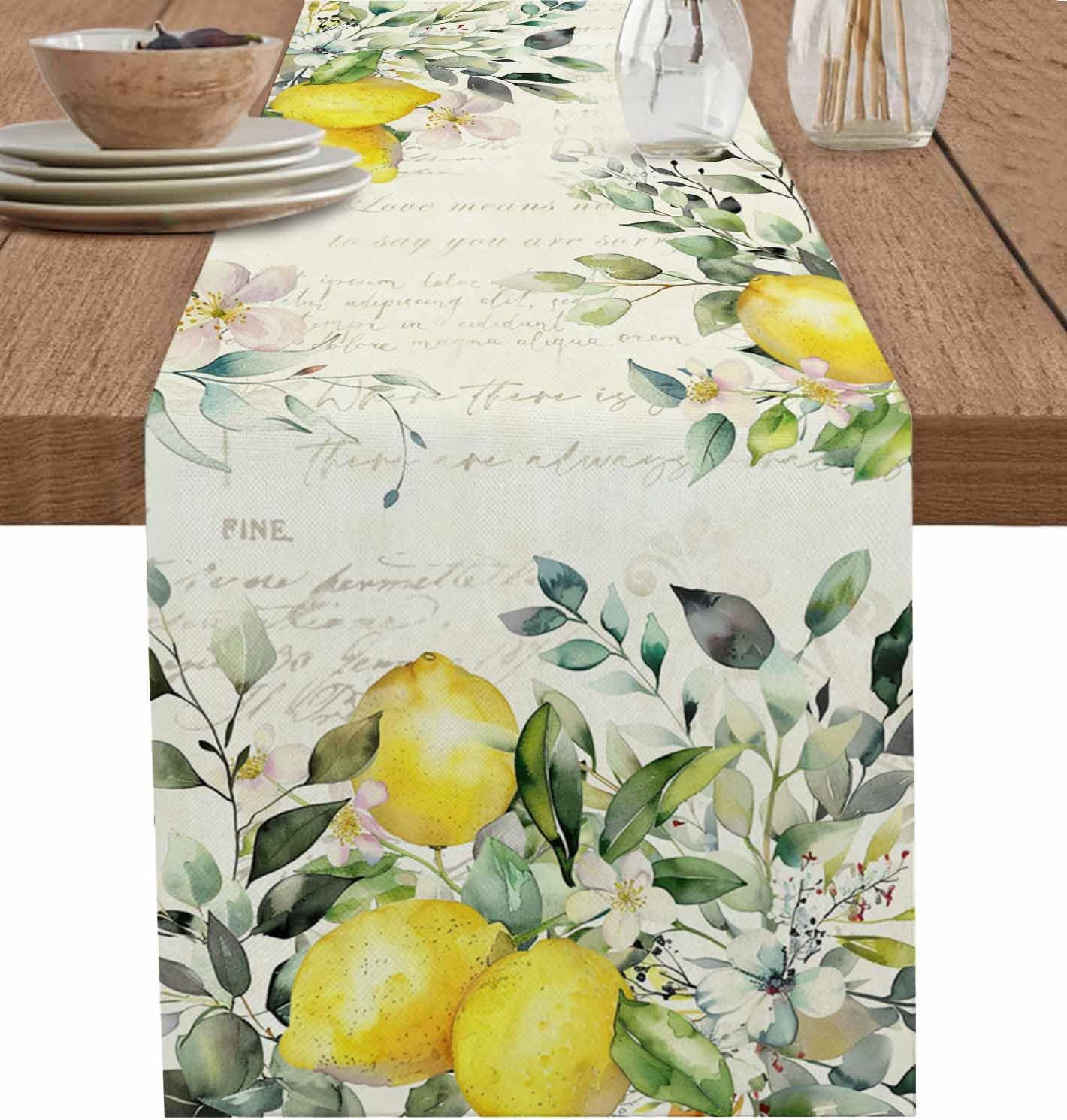 Chemin de table en lin Eucalyptus Vert Citron Jaune Décoration de Fête de Fête Plantes Florales Saisonnières Chemins de table pour la Décoration de Table à Manger 150x33cm beige