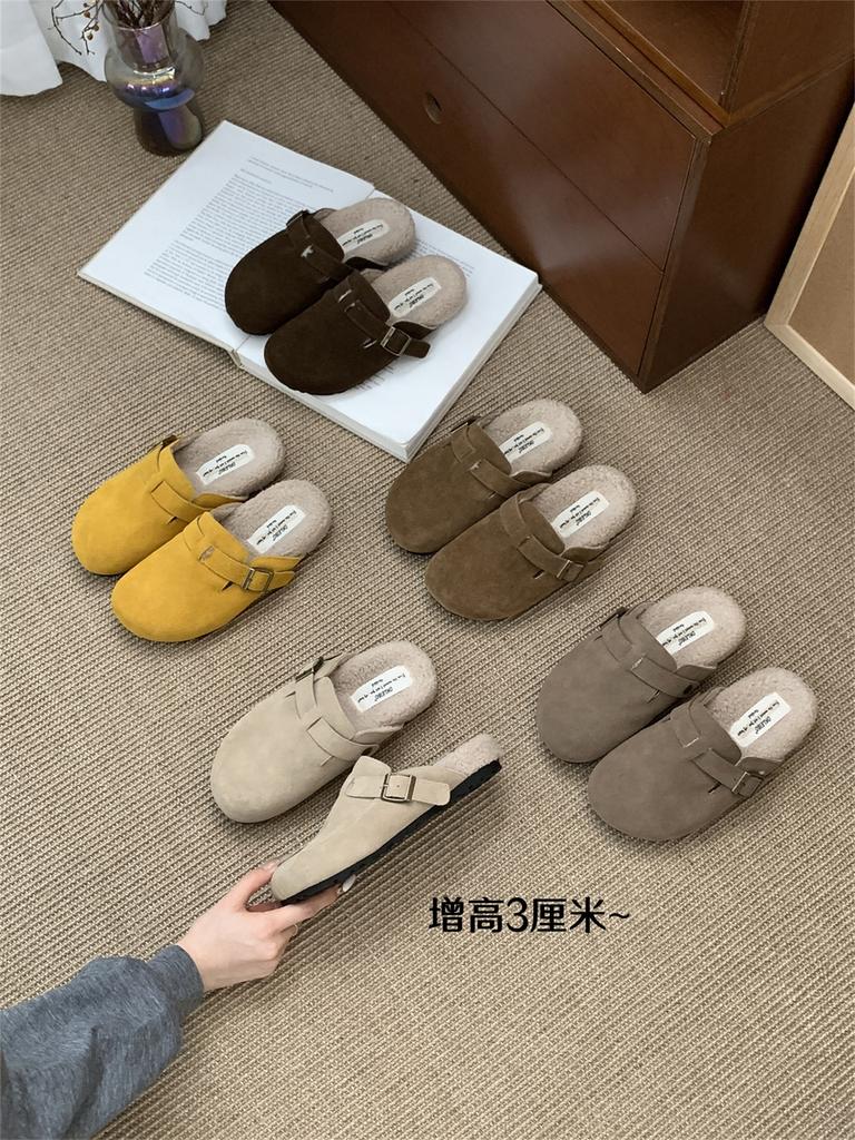 3CM inner height increase thick-soled Birkenstocks women's velvet autumn and winter new Mori retro ugly cute bag head half slippers