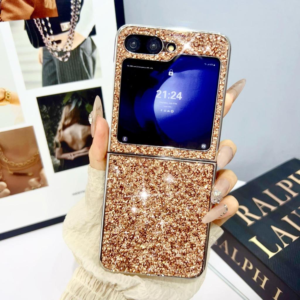 Ochranný kryt Samsung Z Flip6/5/4/3 s galvanicky pokoveným diamantovým zábleskem pro skládací displej telefonu s laserovou intarzií.