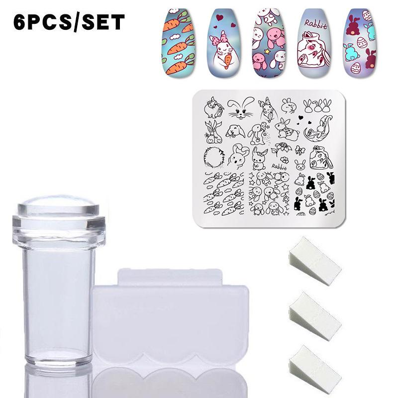 6Pcs/Set Nail Stamping Plates Set Silicone Sponge Brush Stamper Polish Transfer Stencils