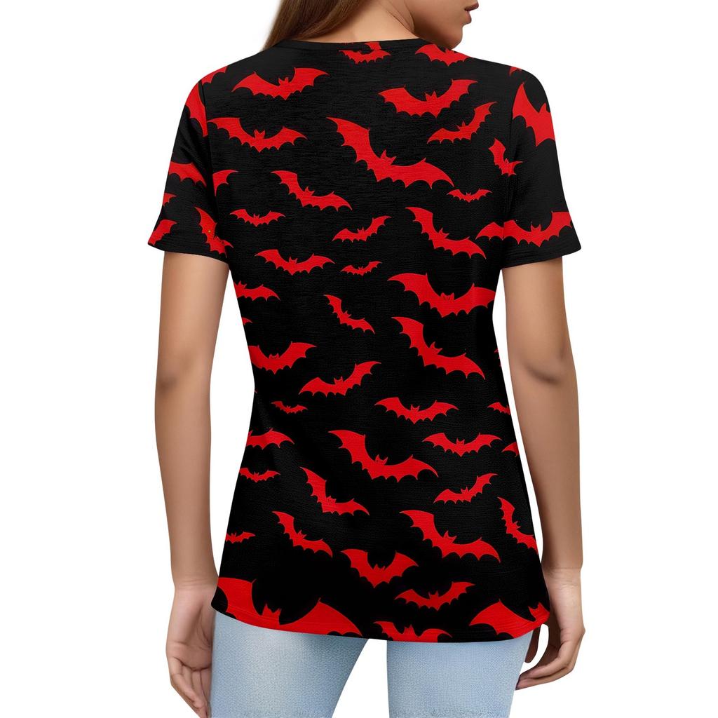 Women's T Shirt Halloween Print Button Short Sleeve Daily Weekend Fashion Basic V- Neck Regular Top