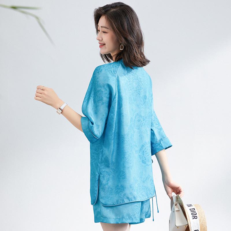 Women's High-End Chinese Style 100% Pure Mulberry Silk Ribbed Jacquard Top & Pants Set