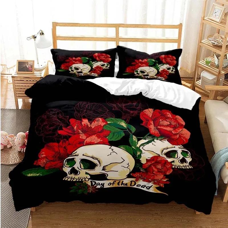 Socker Skalle Påslakanset Queen Size Blommor Skelett Sängkläder Dubbelt Sängklädesset Med Örngott King Size Skalle Täcke