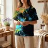 Women Casual Printed Henley Neck Button Front Pocket Short Sleeve Linen Cotton Shirt Blouse Top for Summer