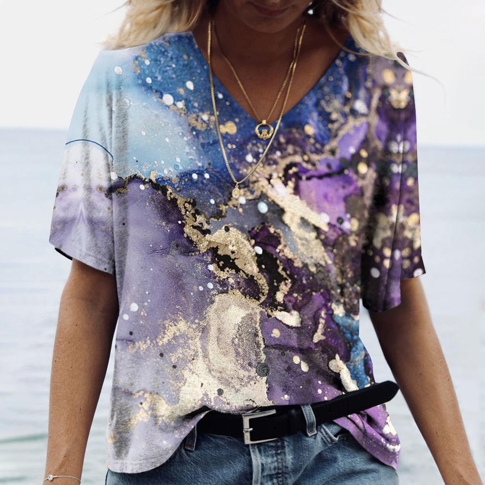 Women's T-shirt 2025 Summer New 3D Gradient Print Loose Retro Women V-neck Short Sleeved Street Style T-shirt Casual Top