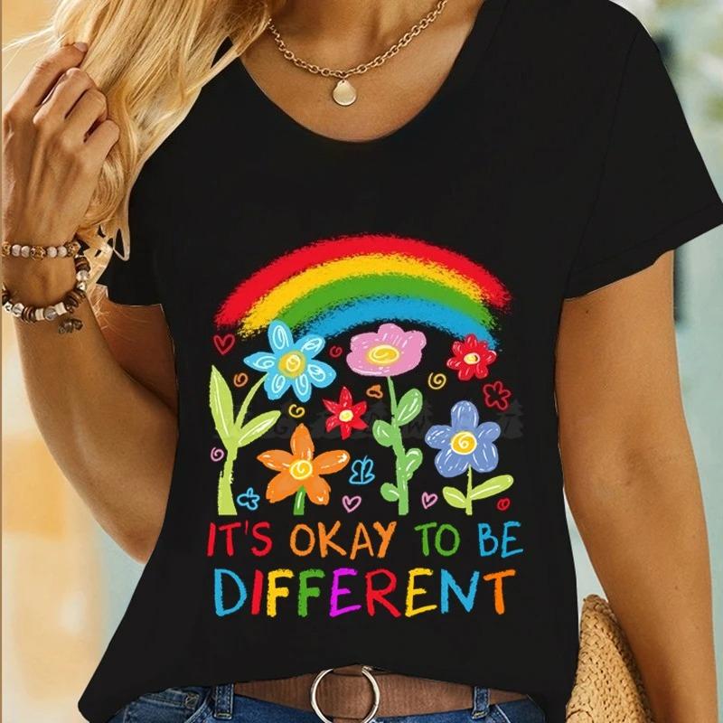 Rainbow Neurodiversity Tshirt It's Okay To Be Different Cute Flower Shirts Design Autism Awareness T-shirt Autism Mom Retro Tees
