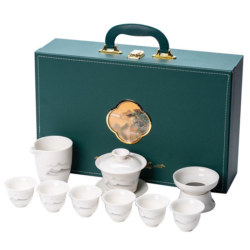 High-grade suet jade white porcelain ink bowl cover kung fu tea set gift box, a complete set of bowl cover ceramic souvenirs