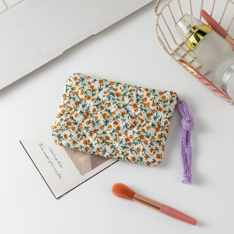 Plic Cosmetic cu Fundă Florală, Geantă Mică Pătrată pentru Machiaj cu Fermoar, Depozitare Portabilă pentru Ruj, Portofel pentru Monede pentru Femei