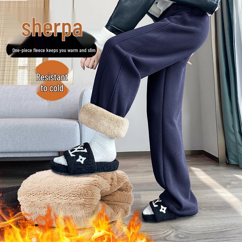 Women's Fleece-Lined Wide-Leg Pants - Autumn/Winter 2024 Lamb's Wool Straight-Leg Sportswear