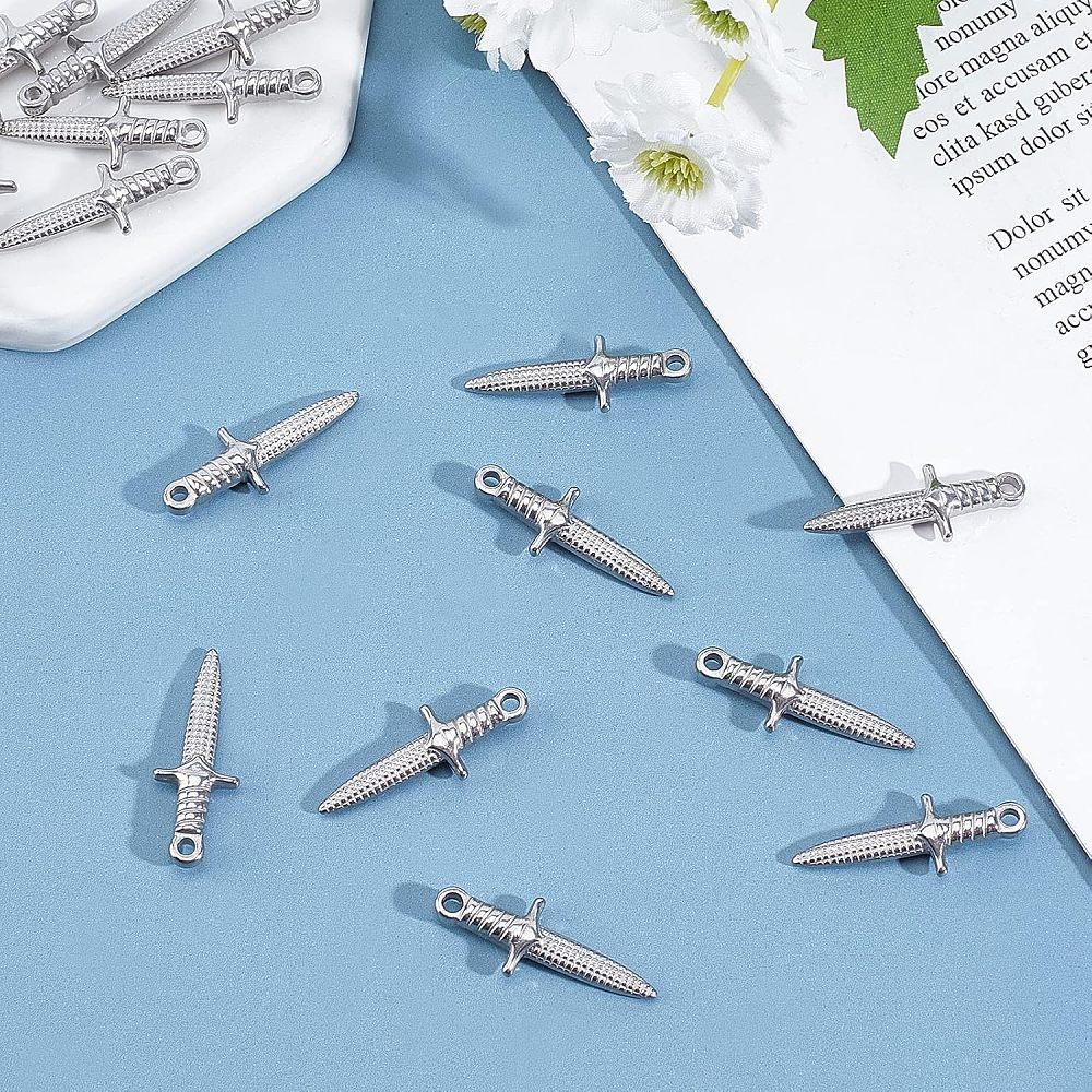 304 Stainless Steel Pendants Dagger Stainless Steel Color 24x9x3.5mm Hole: 1.6mm 16pcs/box