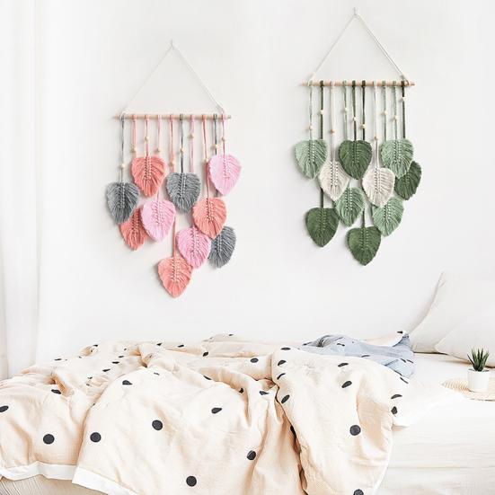Wall Decor Large Boho Macrame Handmade Yarn Woven Wall Art Leaf Tapestry Wall Hanging with Faux Feathers for Home Decor