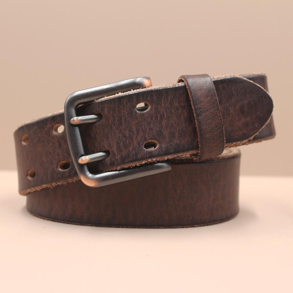 Retro Thickened Top-grain Cowhide Double-needle Belt, Men's Genuine Leather Trendy and Versatile Tough Guy Denim Belt