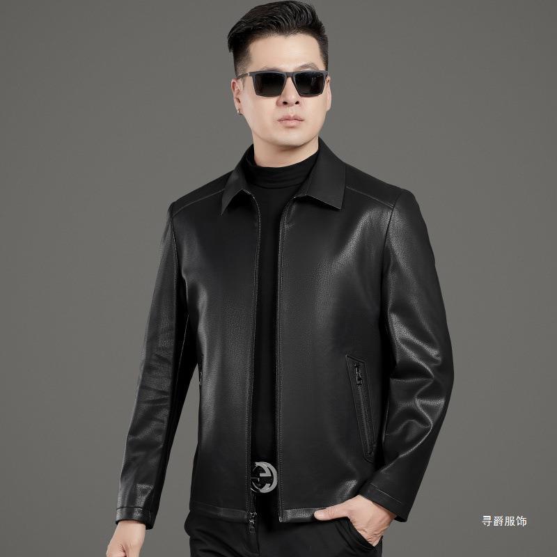 Jarní a podzimní nová kožená pánská bunda z ovčí kůže, business bunda s klopami z měkké kůže pro tatínky středního věku