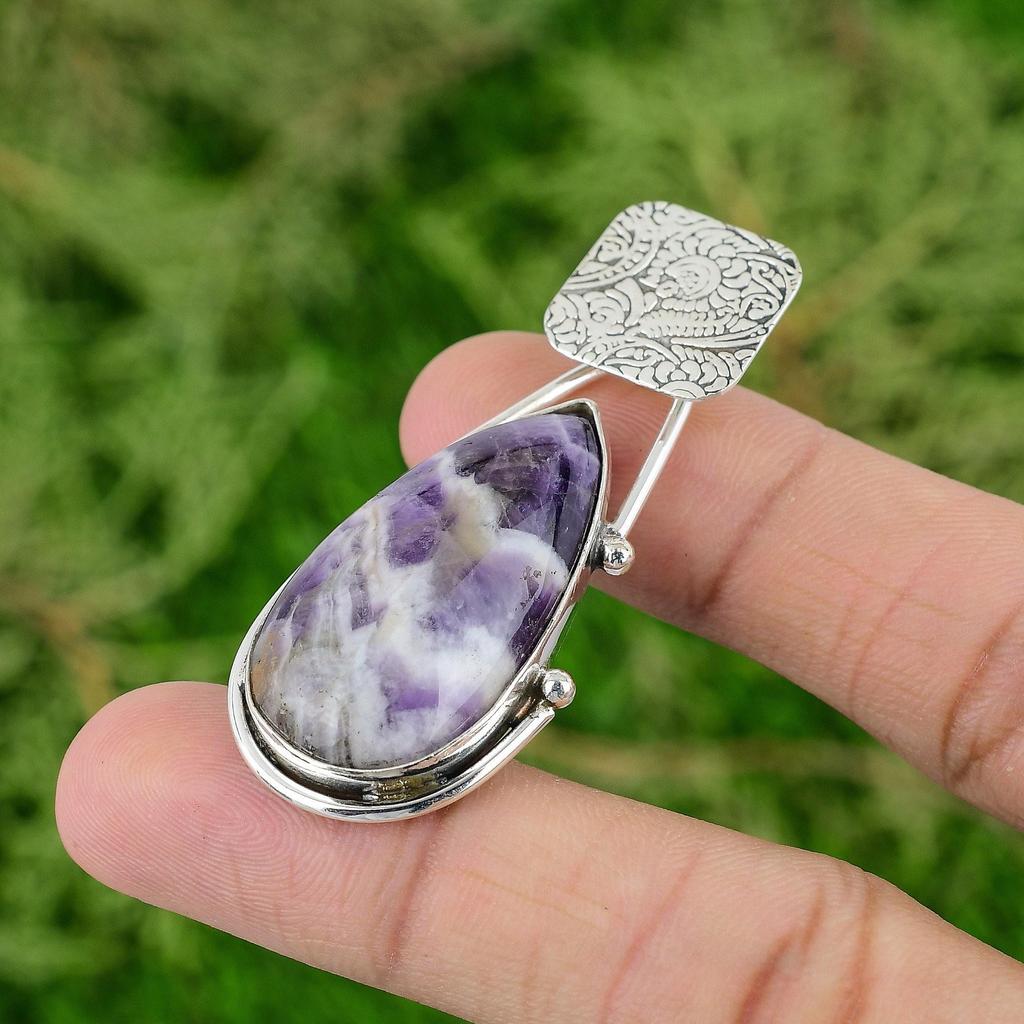 Daughters Day Deal 925 Sterling Silver Natural Chevron Amethyst Pendant Jewelry