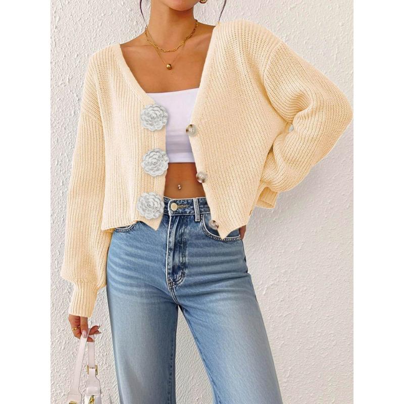 Women S Knitted Cardigan Sweater Streetwear Short Top With Crochet Buttons