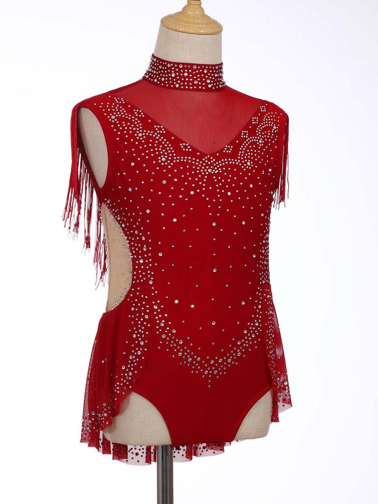 Girls Dance Costume - Shiny Rhinestone Leotard with Sheer Mesh, Invisible Back Zipper & Attached Tassel Skirt
