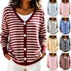 Women's Striped V-Neck Single-Breasted Lightweight Knit Cardigan Loose Fit
