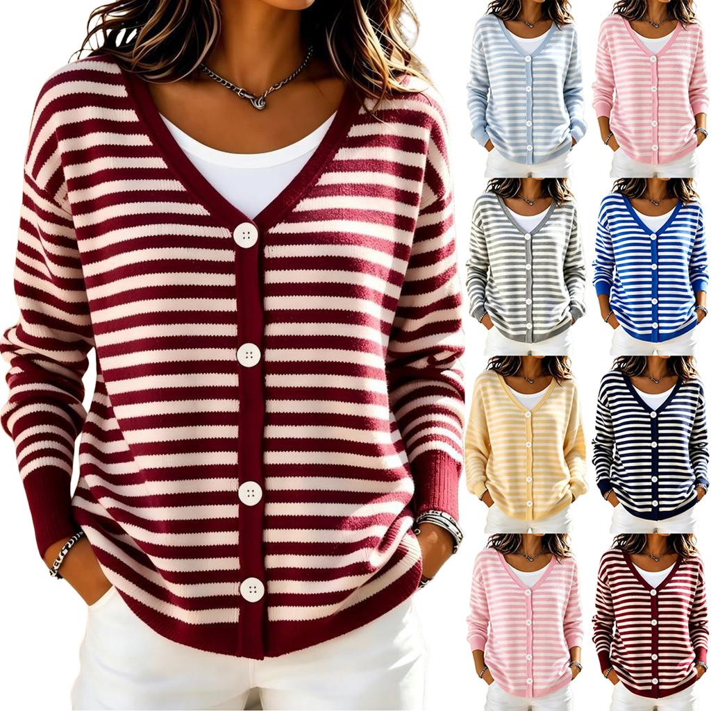 Women's Striped V-Neck Single-Breasted Lightweight Knit Cardigan Loose Fit