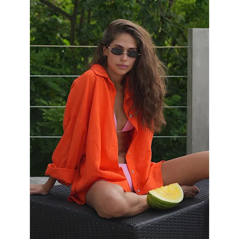 Autumn thin fashion all-match ladies casual button-down shirt, lazy fashion casual solid color simple loose shirt