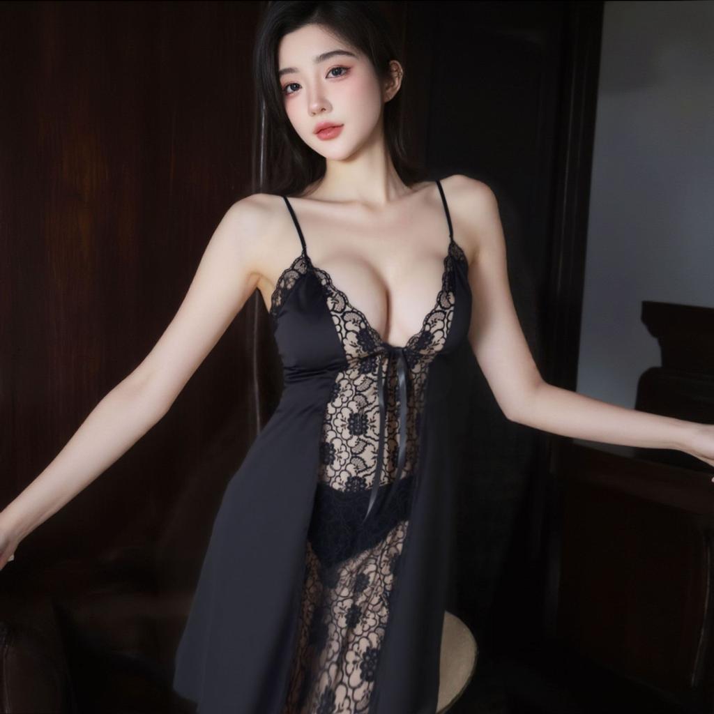 New pure desire style sexy Internet celebrity female summer ice silk suspender halter lace sexy nightdress private room temptation