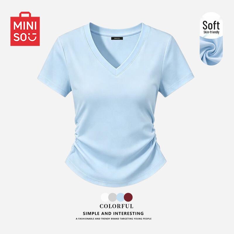 MINISO Women s V-Neck Slim Fit Short Sleeve T-Shirt M небесно-голубой