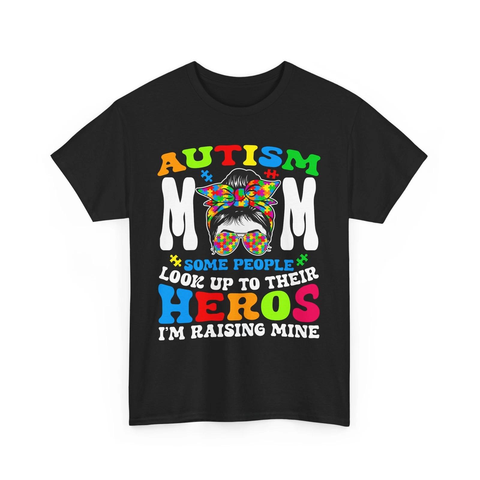 Autism Mom Raising Hero Groovy Messy Bun Autism Awareness Shirt S