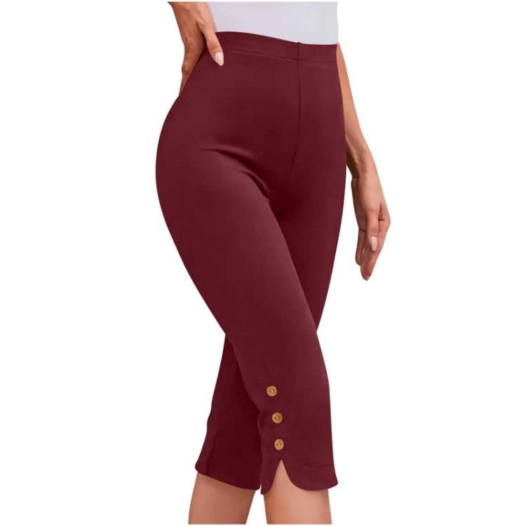 

Women Sport Slim Seven Quarter Pants Casual Solid Color Button Bottom Fashion XXXL винний