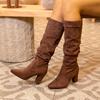 Fashion Elegant Cream White Faux Suede Knee Boot Woman Point Toe Block Heel Pull-on Long Booties Ladies Autumn Pleated Design High Botas