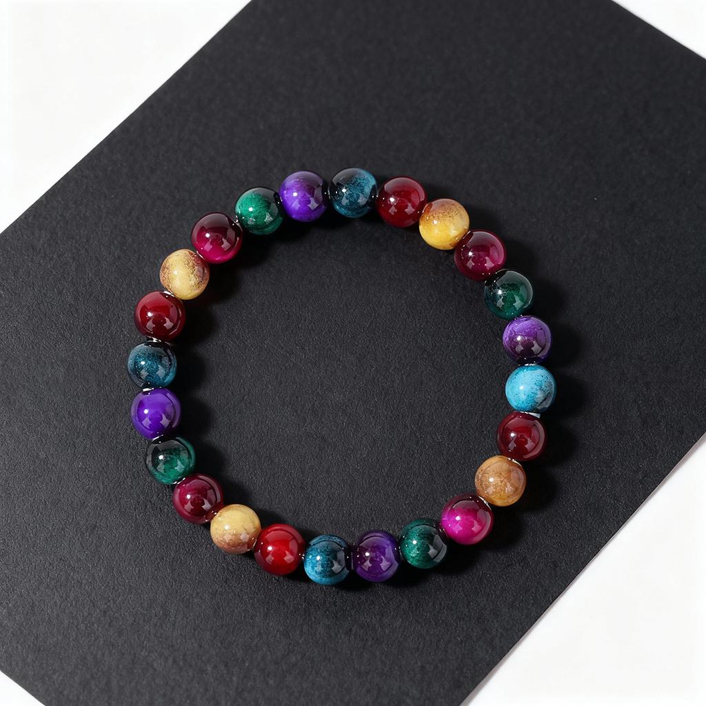 Festive Gifts Multicolor Rainbow Agate Beaded Bracelet Vibrant Fashion Jewelry For Men And Women Daily Wear Simple Versatile Accessory