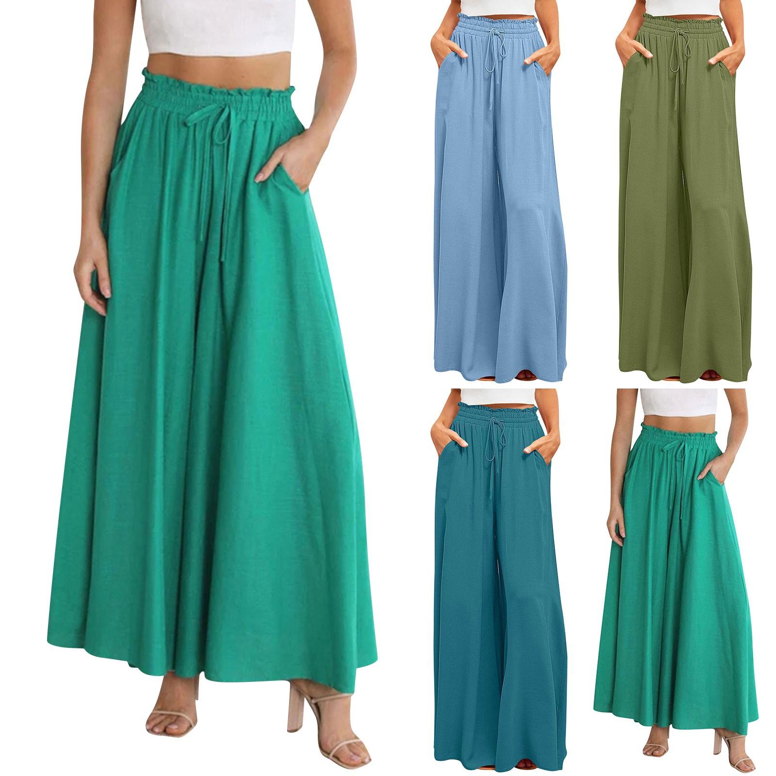 

Women s Solid Color Trousers Elastic Belt Wide Leg High Waist Long Culottes