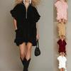 Spring Summer European American Style Women's Short Sleeve Zipper Ruffled A-line Dress with Double Pockets