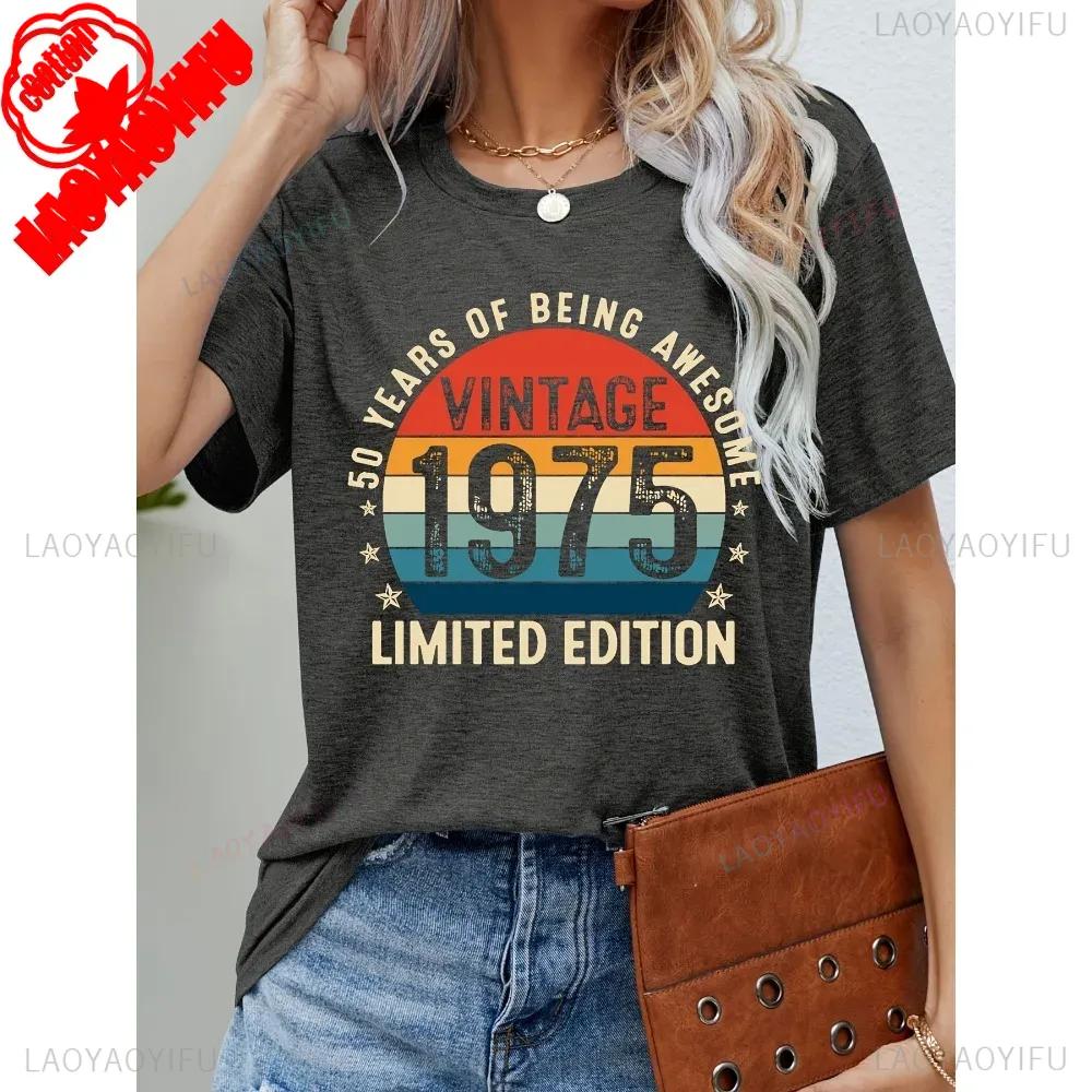 Vintage 1975 Funny 50Th Birthday Gifts 50 Years Old Retro Print T-Shirt Short Sleeve Crew Neck Casual Top for Summer & Spring