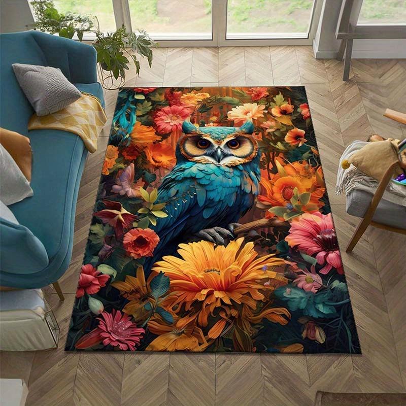 Vibrant Owl & Floral Design Area Rug - Floor Mat Crystal Velvet, Non-Slip, Durable Polyester Mat for Living Room, Bedroom,